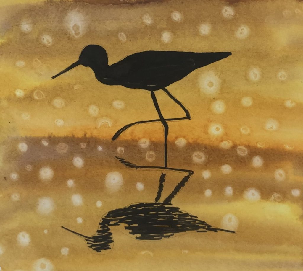 Egret in Silhouette (watercolor and ink, 7x6) - NFS