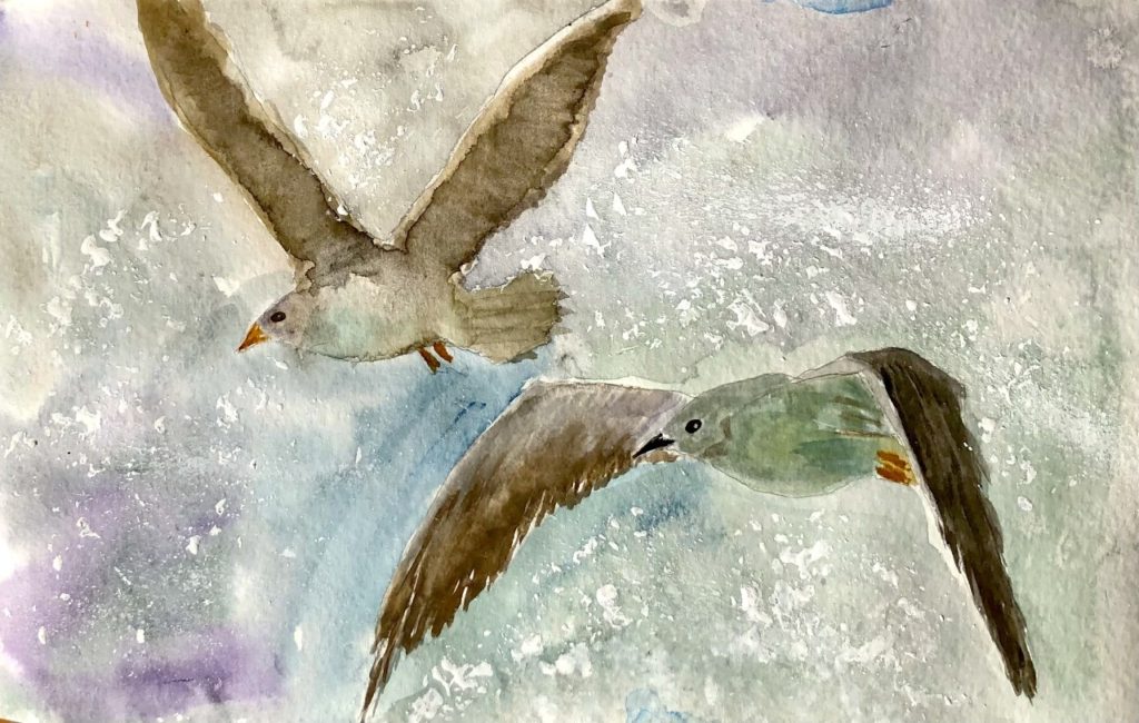 Seagulls in Flight (watercolor, 9x5) - NFS