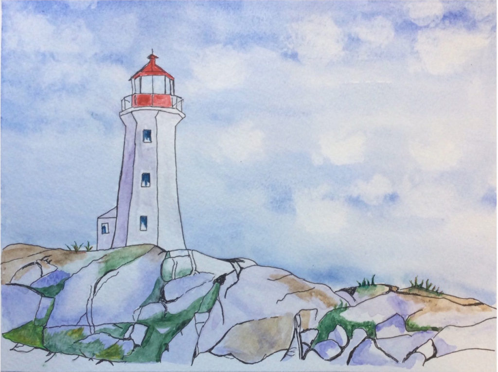 The Lighthouse (watercolor and pen on cold press paper, 8x10) - NFS
