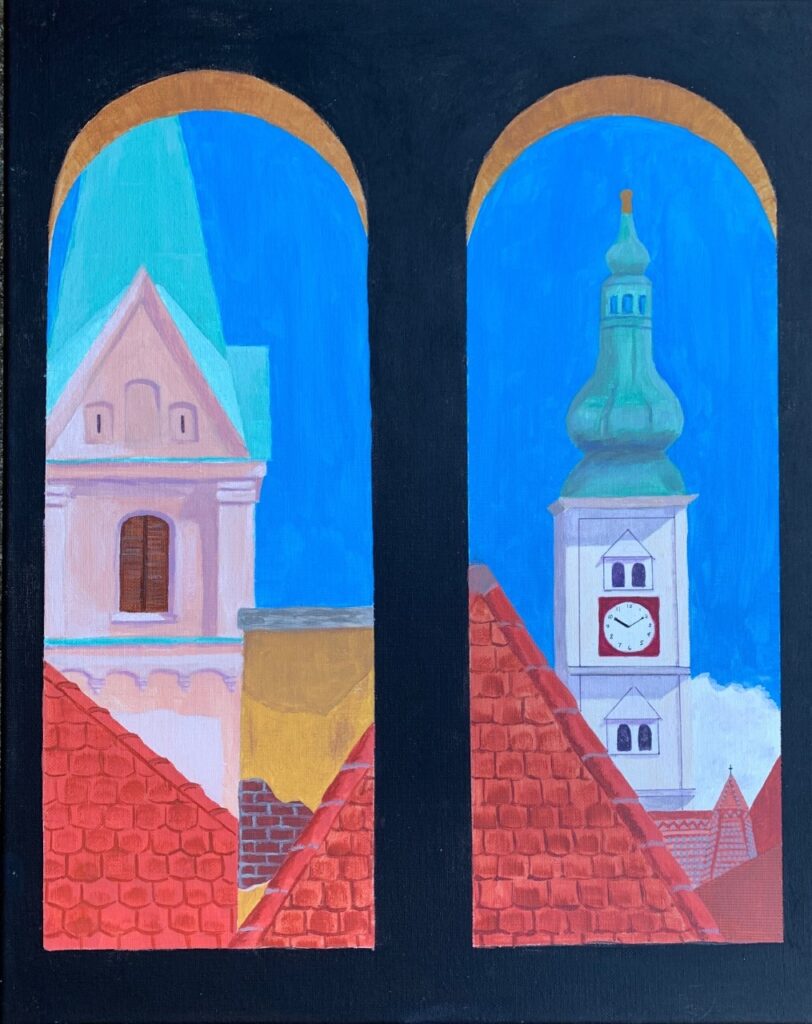 “View from Lotrscak Tower” Zagreb, Croatia (acrylic on canvas), 20x16 - Price Negotiable