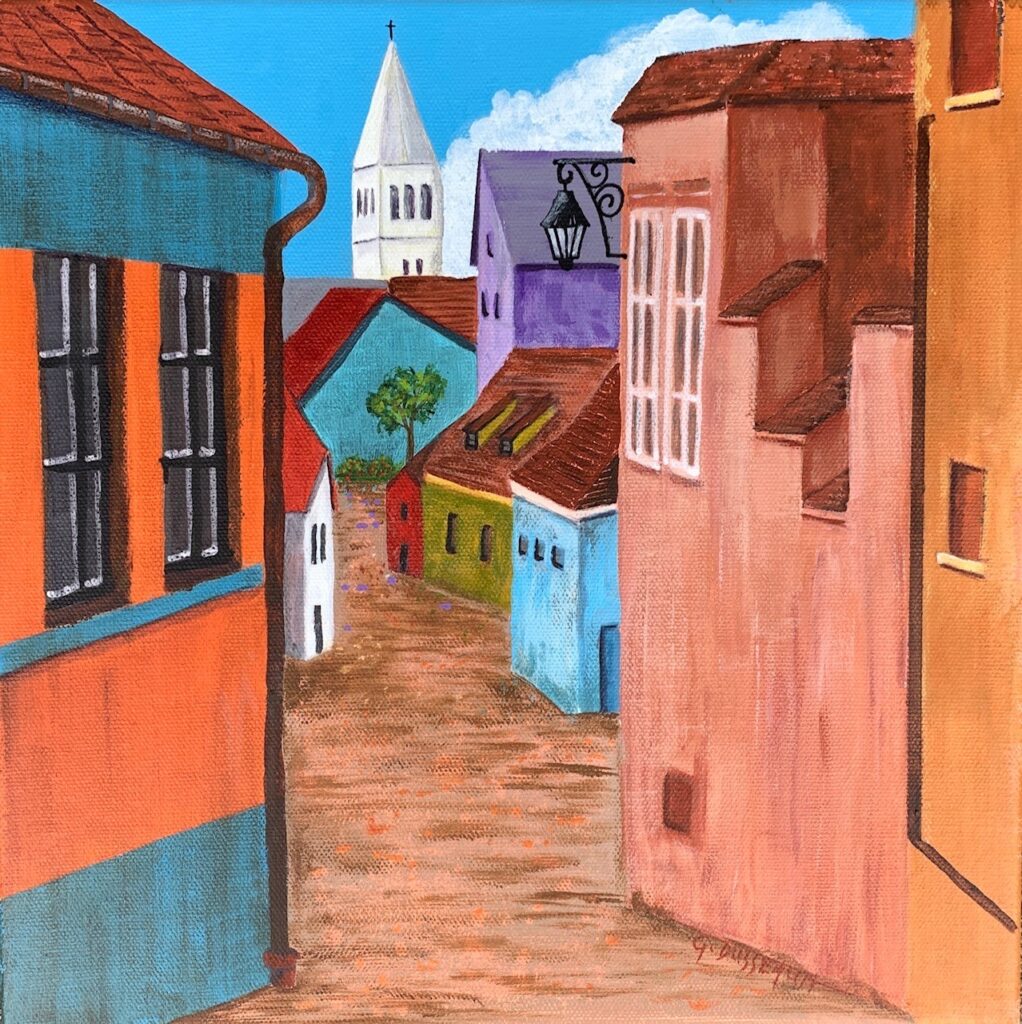 “Welcome home“ Sighisoara, Romania (acrylic on canvas), 12x12 - Price Negotiable