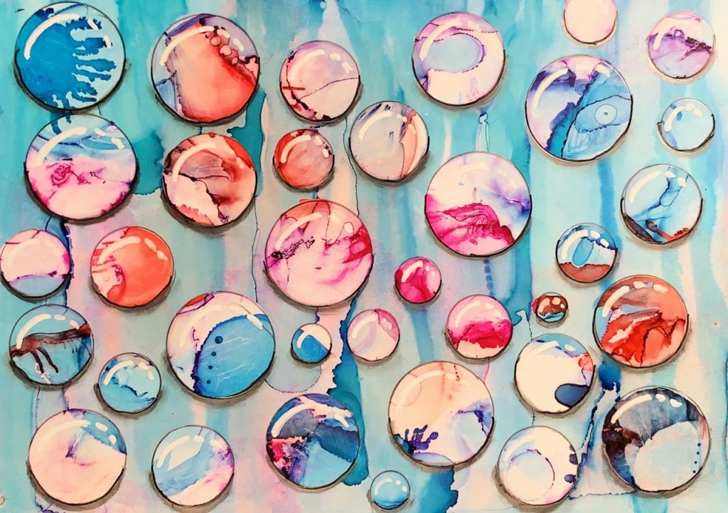 Raining Bubbles (alcohol ink on paper, 5x7.5) - $50