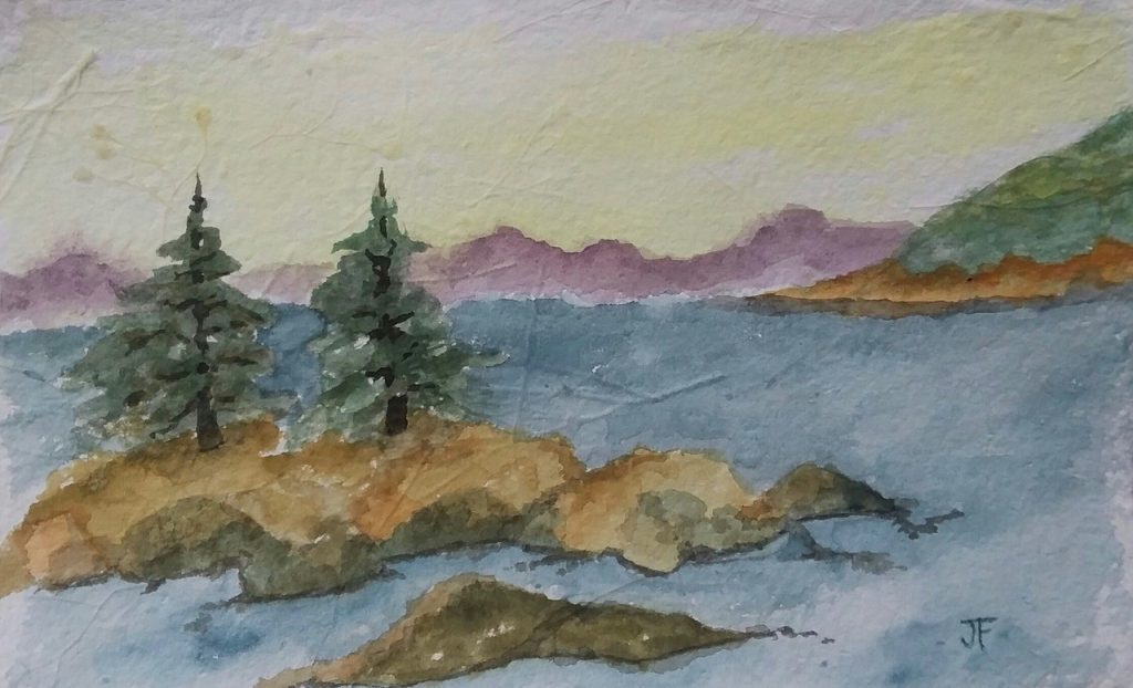 "Rocky Shore" (watercolor on handmade paper), 9x5.5 - NFS