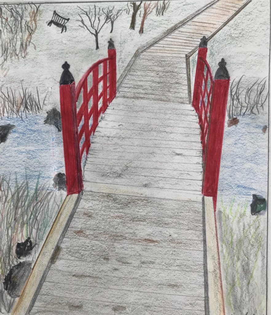 Red Bridge (colored pencil, 9x8) - NFS