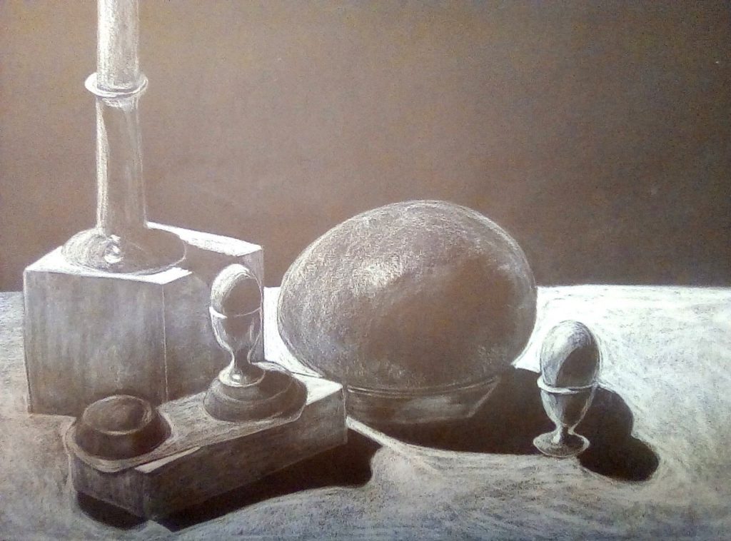 "The Ostrich Egg" (white charcoal on toned paper), 22x30 - NFS