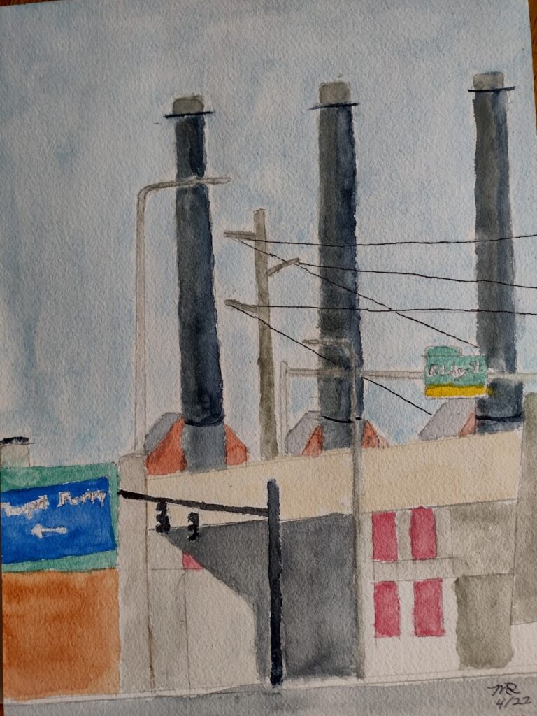 Electric station towers and overpass (watercolor and gouache on Arches paper), 9x12 - NFS