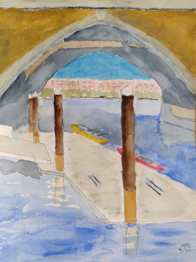Boat dock by Memorial Bridge (gouache and watercolor on Arches paper), 9x12 - NFS