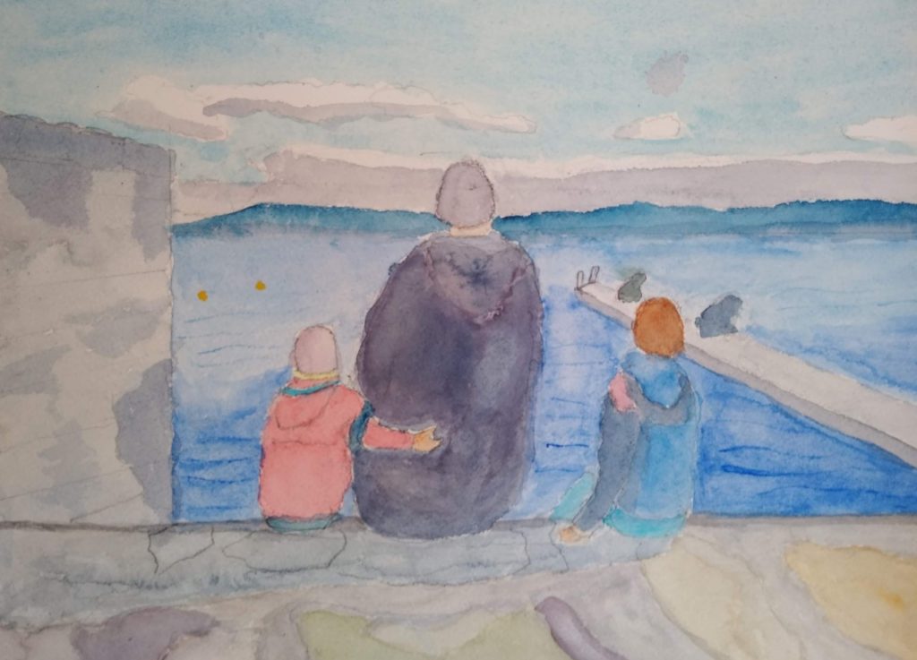 Family on Lake Geneva (watercolor on Arches paper, 9x12) - NFS