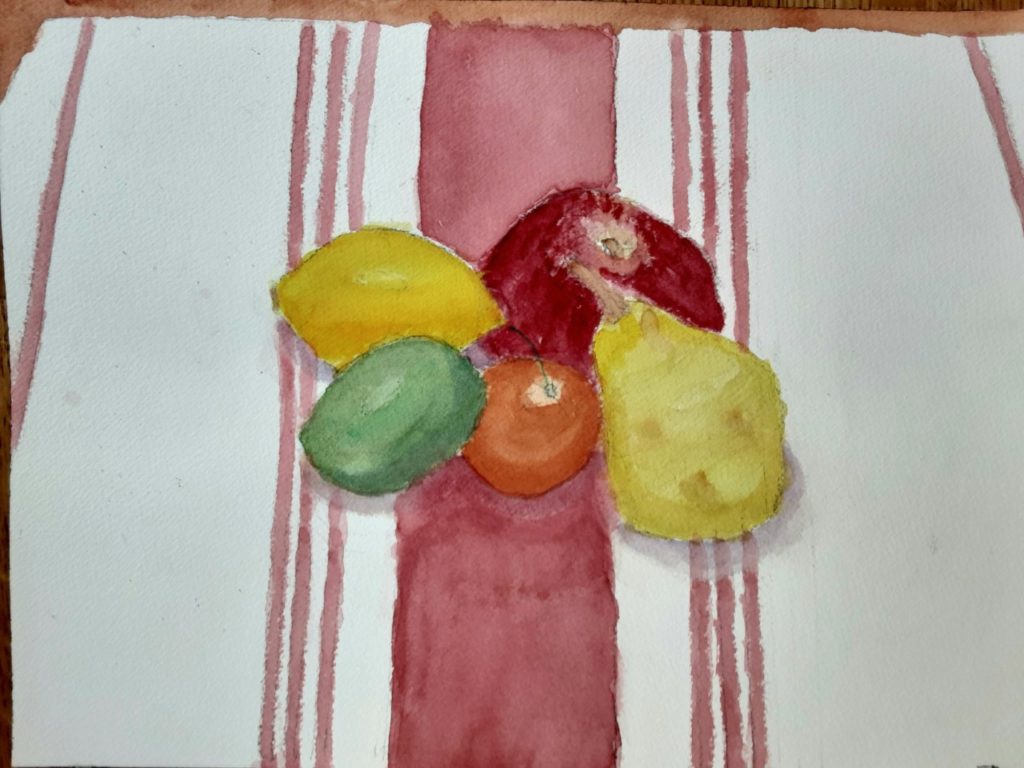 Still Life of Fruit on Napkin (watercolor on Arches paper, 9x12) - NFS