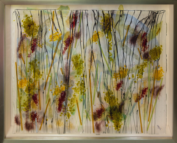 "Spring Arrives" (watercolor collage w/ fine papers and a kiln fired glass overlay) - Price available upon request