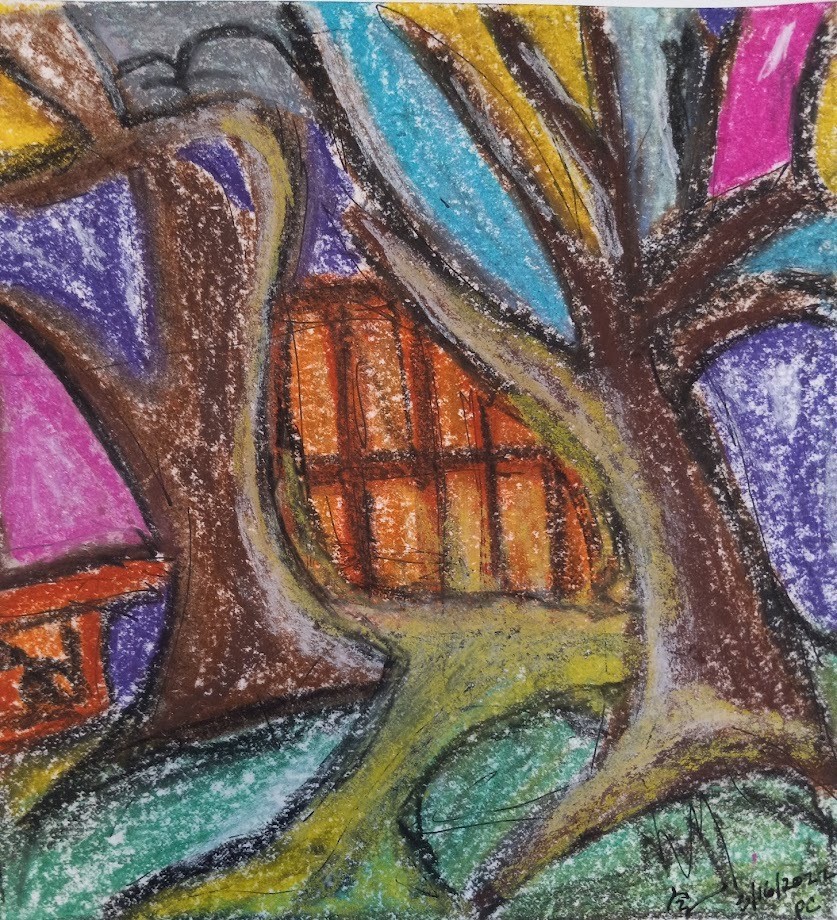 Path Between Two Trees (oil pastel on paper), 7.5x8 - Price Negotiable