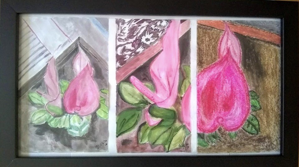 3 Flower Panels (watercolor, oil pastel on paper), 6.5 x 12 - NFS