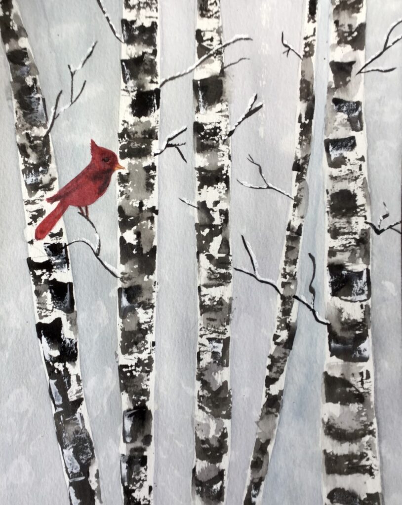 Cardinal in Birch Trees (watercolor, 8x10 on watercolor paper) - Price upon request