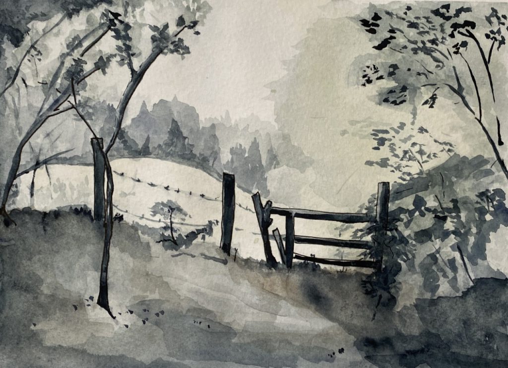 Country Gate (watercolor on paper inspired by artist Oliver Pyle's Woodland Shade), 6x8 - NFS