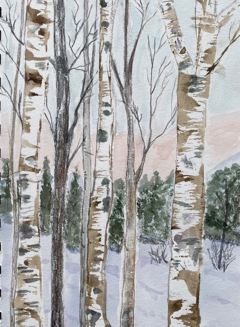Birch Trees at Sunset, 5.5x8", Watercolor on watercolor paper, NFS