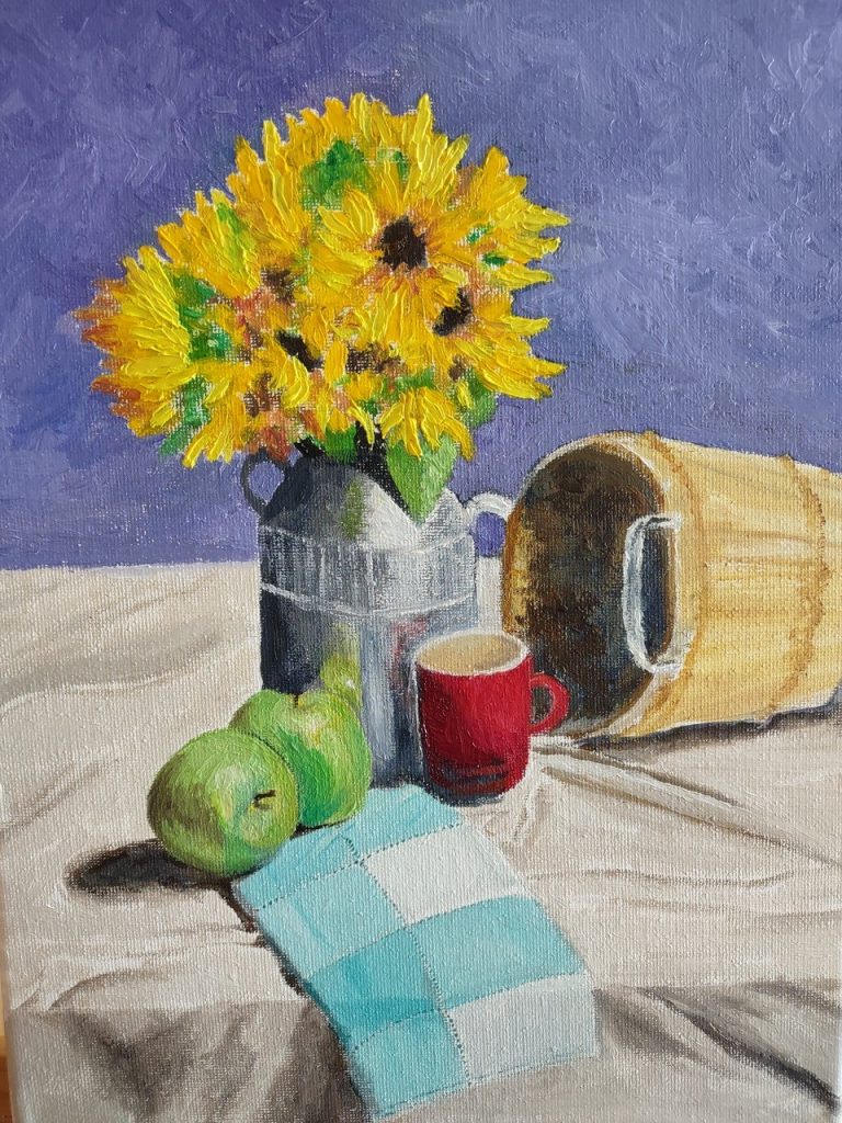 "Sunflowers" (acrylics on canvas), 9x12" - $100