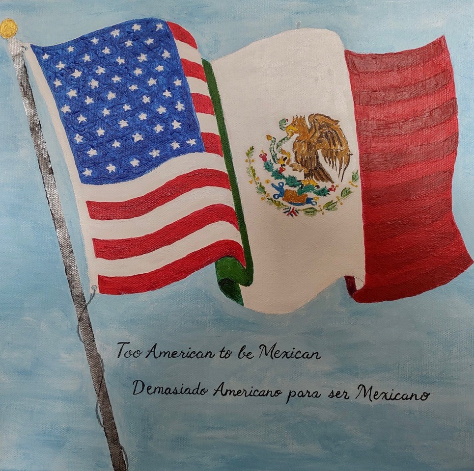 "Too American to Be Mexican, Too Mexican to Be American" (acrylic on canvas), 12x12" - NFS
