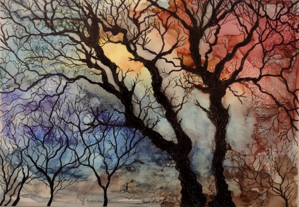 Trees (alcohol ink on Yupo paper), 7x10" - NFS