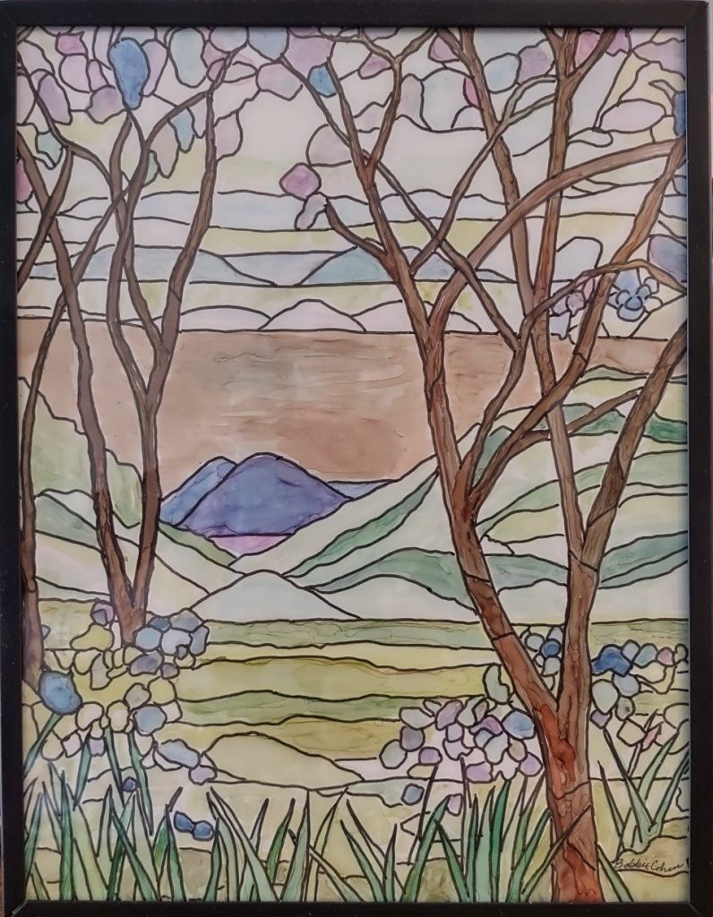 "Tiffany-ish Stained Glass, Magnolia and Iris" (alcohol ink on Yupo paper), 9x12" - $125