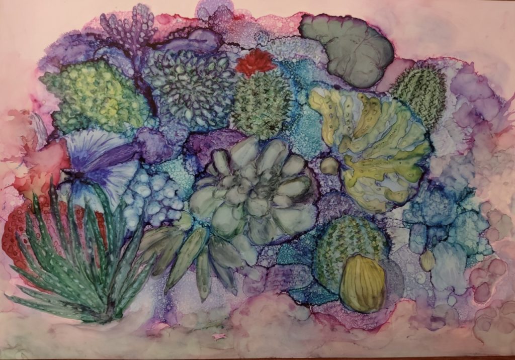 Cactus Garden (Alcohol ink on Yupo paper) 7x10" - $200