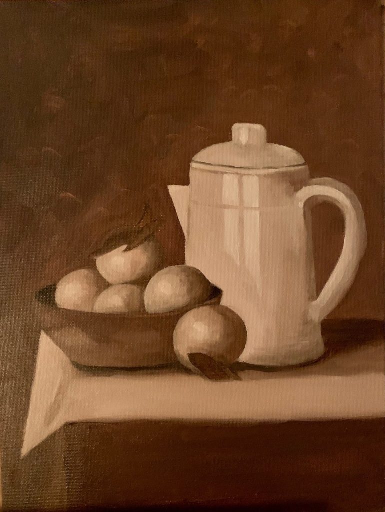 "Still life with coffee pot, and fruit" (oil on canvas board), 9x12” - NFS