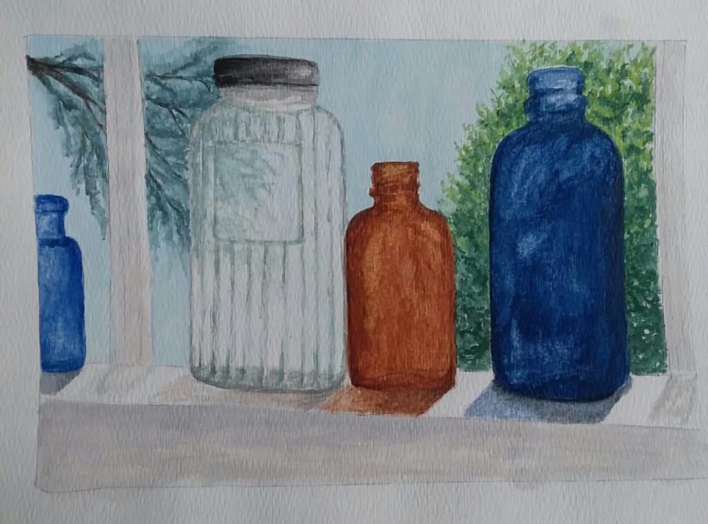 Bottles (watercolor on paper), 9x7” - NFS