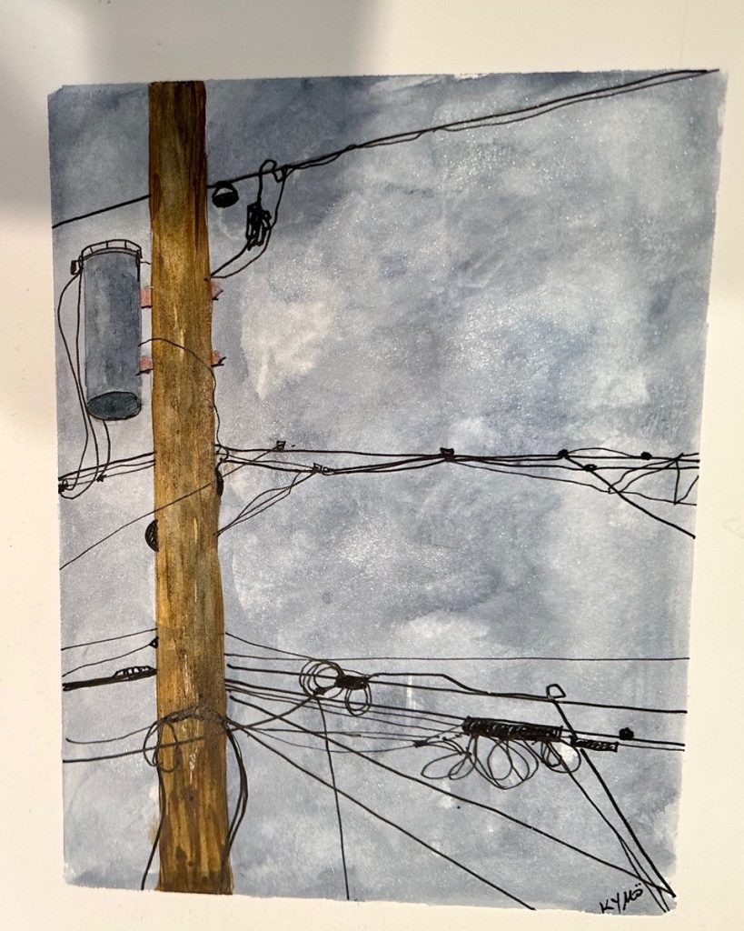 "Crossed Wires" (watercolor on paper), 8x10 - $100