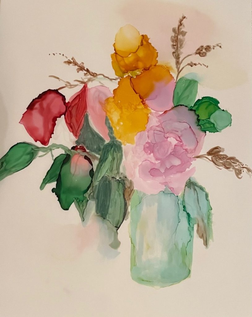 Green Vase with Flowers (alcohol ink on Yupo paper), 11x14” - NFS