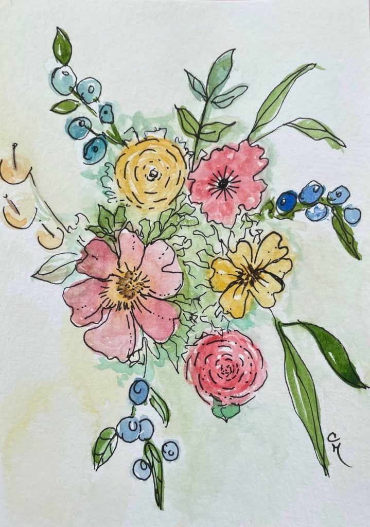 "Spring Bouquet" (watercolor and ink on Arches paper), 5x7" - NFS