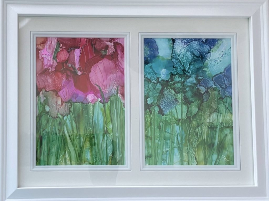 "In the Garden" (alcohol ink on Yupo paper), 5x7", two paintings, framed 10.5x13.5" - $100