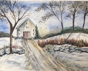 The Barn in Winter (watercolor on paper), 16x12 - NFS