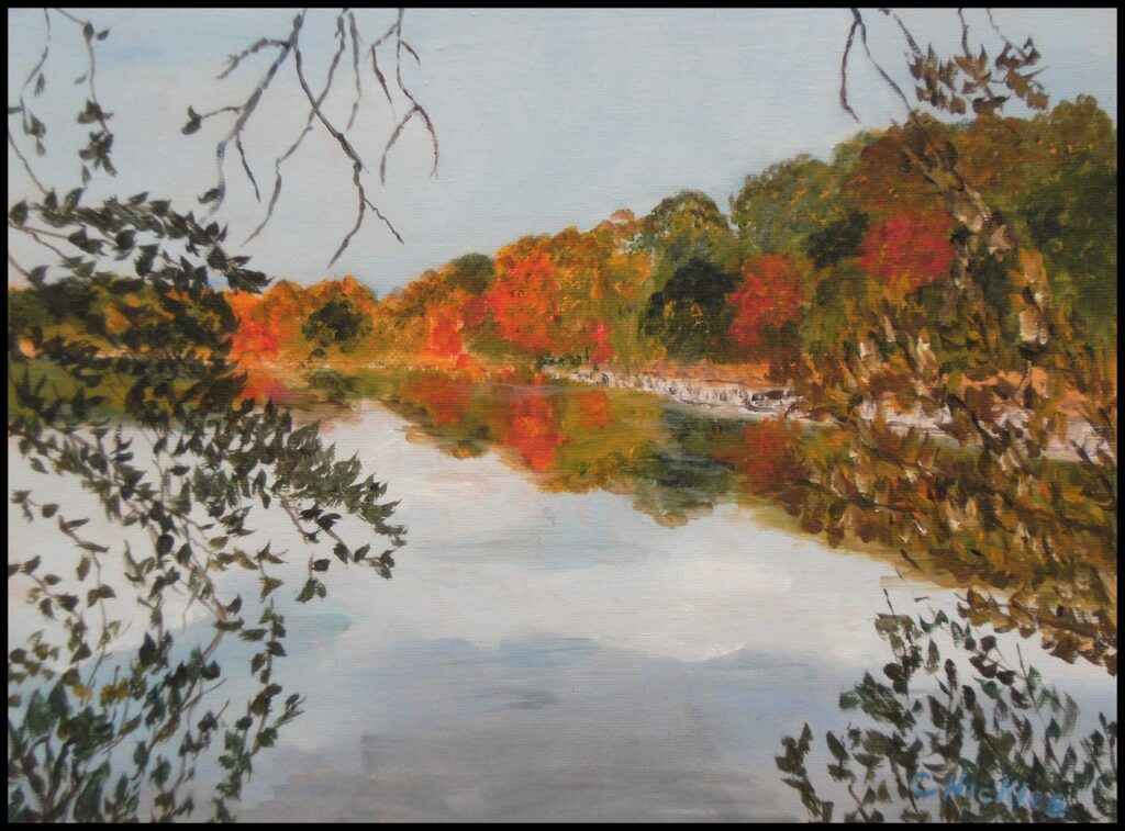 Autumn on Bellville Pond (oil on canvas panel), 9x12 - $80