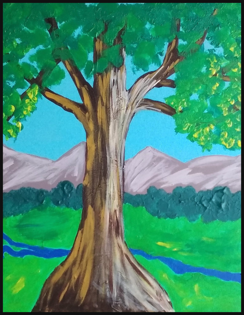 "Tree and Mountains" (acrylic on panel) - $50