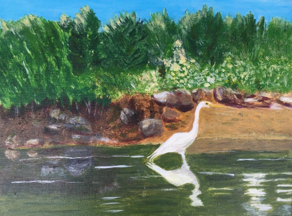 Egret in Wickford Cove (acrylic on canvas panel, 9x12) - Price negotiable
