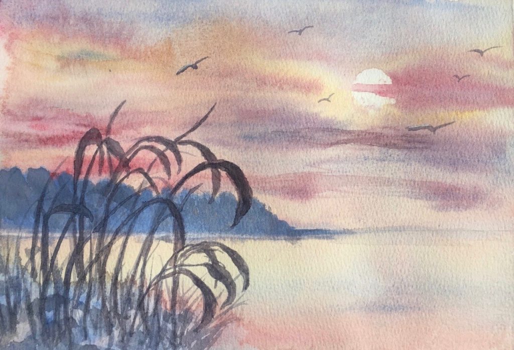 Sunset Over Water (watercolor on paper), 7 1/2X10" - Negotiable