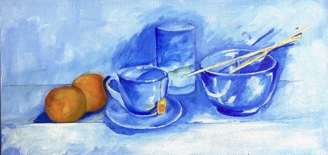 Blue study with oranges (acrylic on stretched canvas), 10x20” - $115