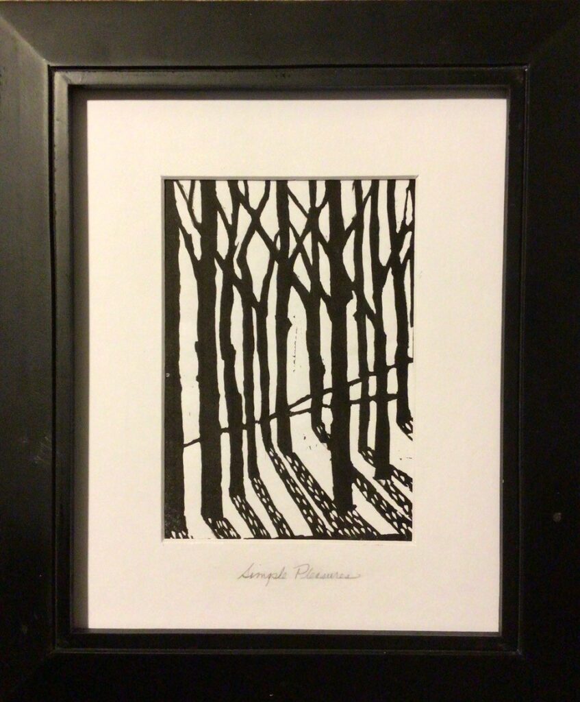 Simple Pleasures (ink: block print from linoleum cut block on paper), 11x13 framed - NFS