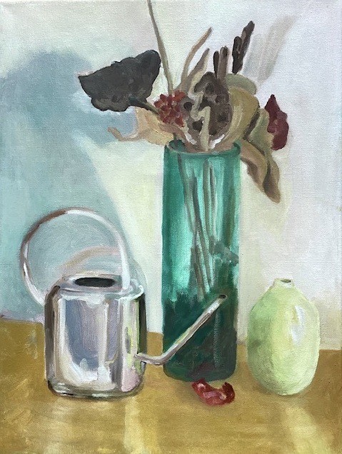 Watering can and turquoise vase (acrylic on stretched canvas), 12x16” - $95