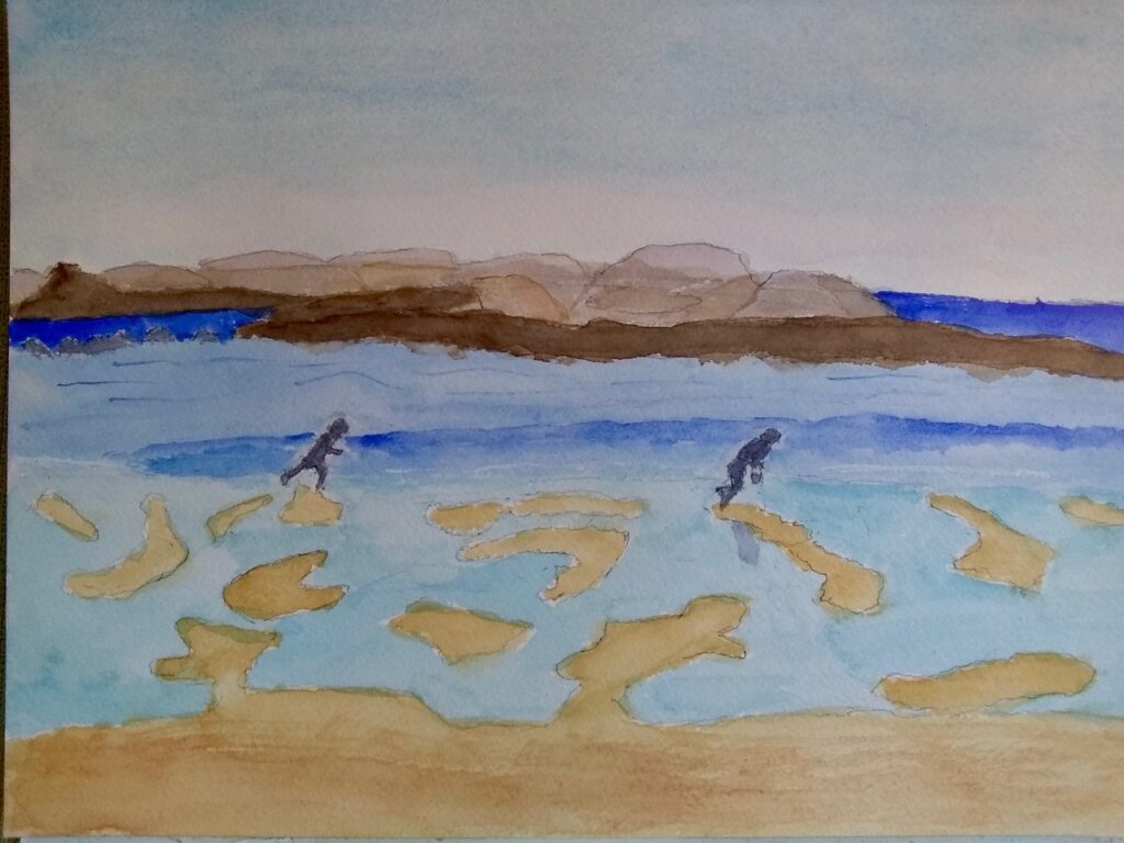 Boys Running At Low Tide (watercolor on Arches paper), 9x12 - $100