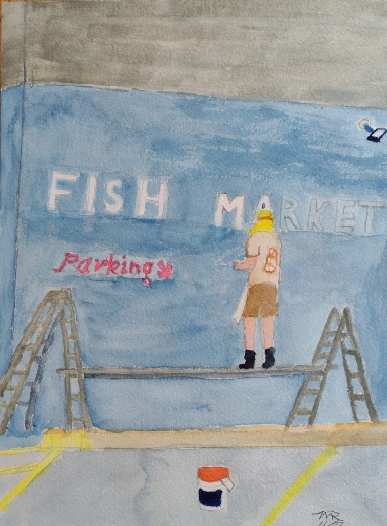 Painter at new Fearless Fish on Hope Street (watercolor and gouache on Arches paper), 9x12 - $80