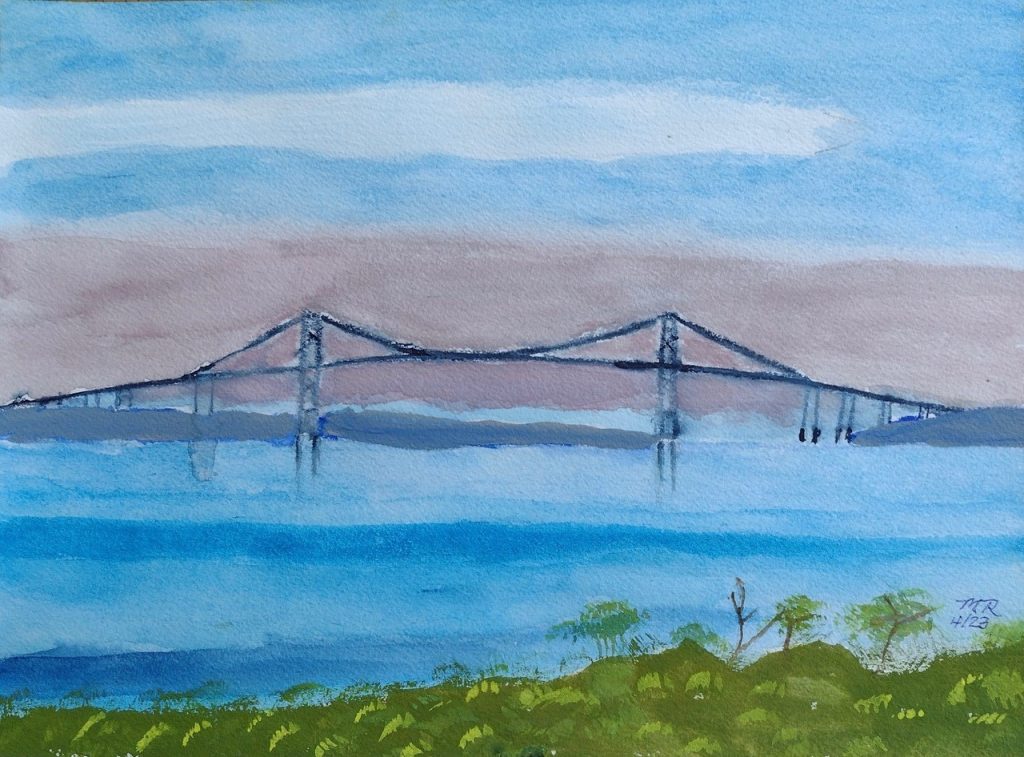 "Mt. Hope Bridge" (gouache and watercolor on Arches paper), 9x12" - $75