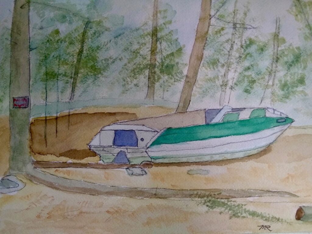 Abandoned Boat Off Trail (watercolor and gouache on Arches paper), 9x12 - NFS