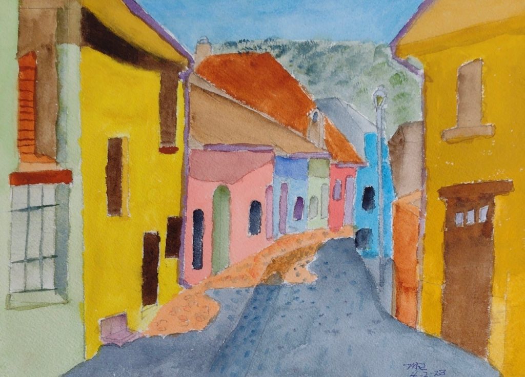 "Romanian Village Street" (gouache and watercolor on Arches paper), 9x12" - $75    