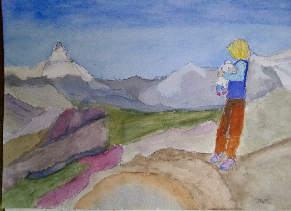 Granddaughter Facing The Matterhorn (watercolor and gouache on Arches paper), 9x12 - NFS