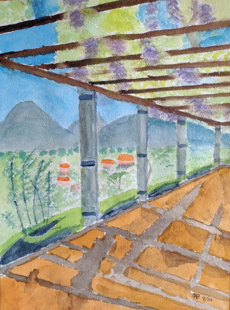Pergola in Italy (watercolor and gouache on Arches paper), 9x12 - $80