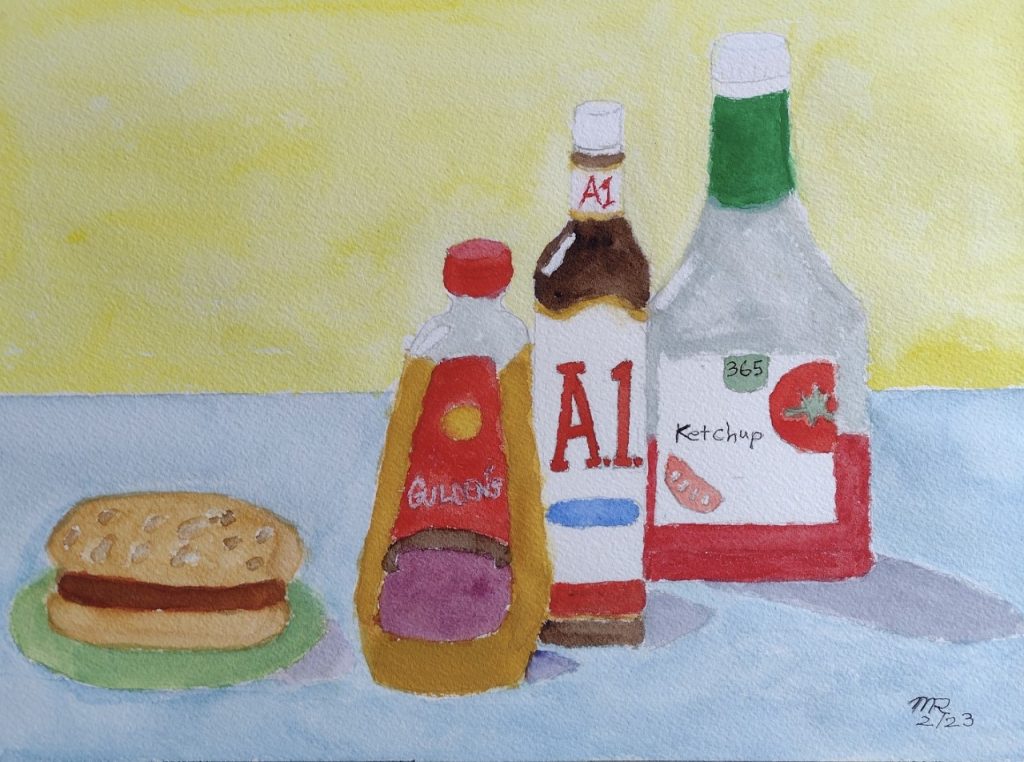Hamburger Helpers (watercolor and gouache on Arches paper), 9x12" - NFS