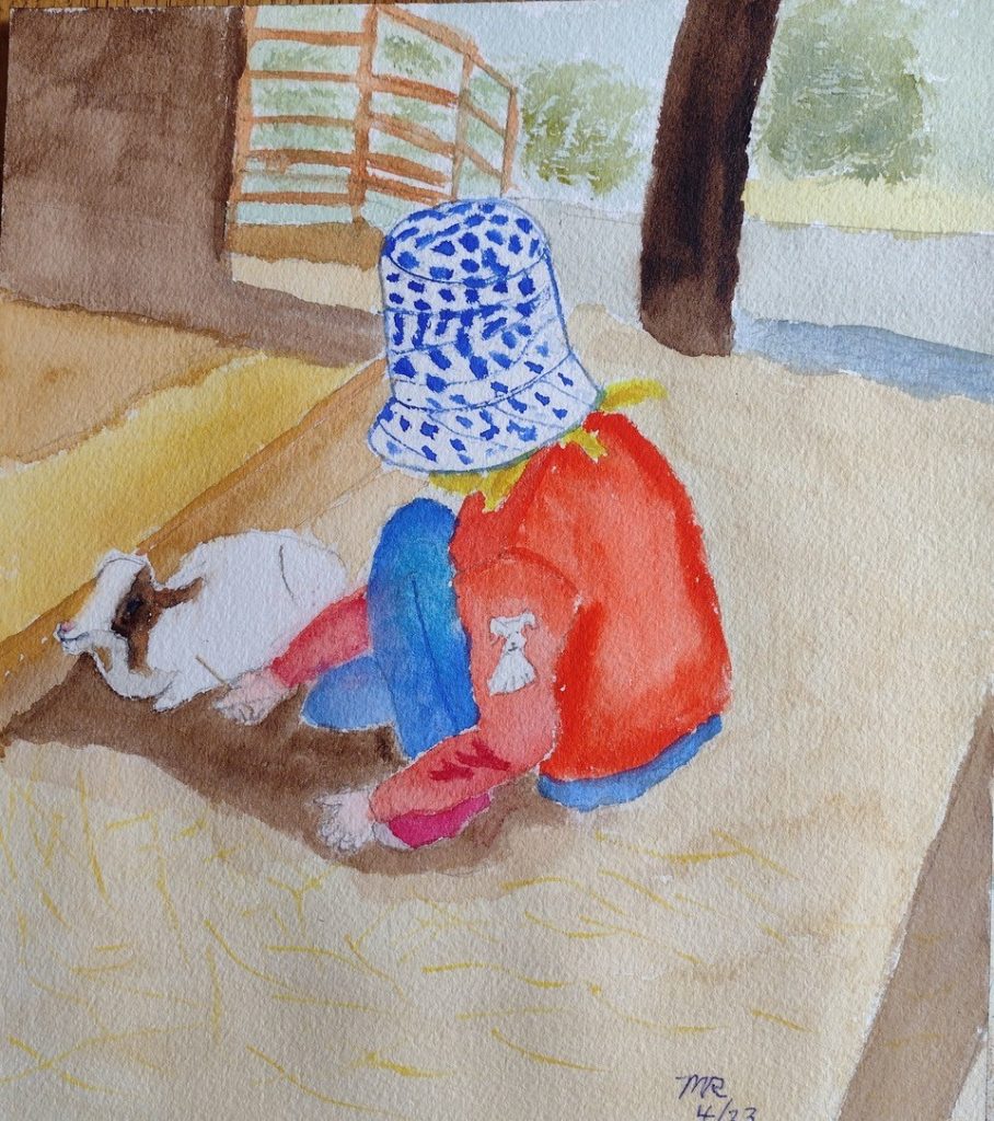 "Granddaughter with Kid" (gouache and watercolor on Arches paper), 10x9" - NFS