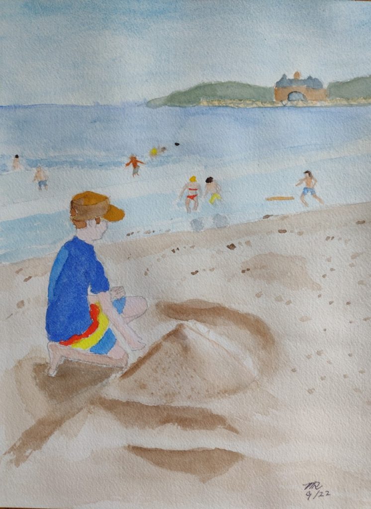 Grandson at Narragansett Beach (watercolor and gouache on Arches paper), 9x12 - NFS