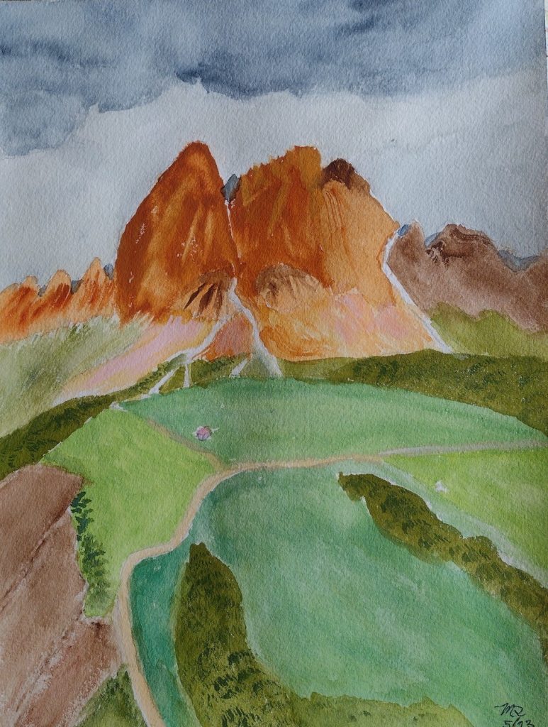 "Mountain Scene" (gouache and watercolor on Arches paper), 12x9" - $75