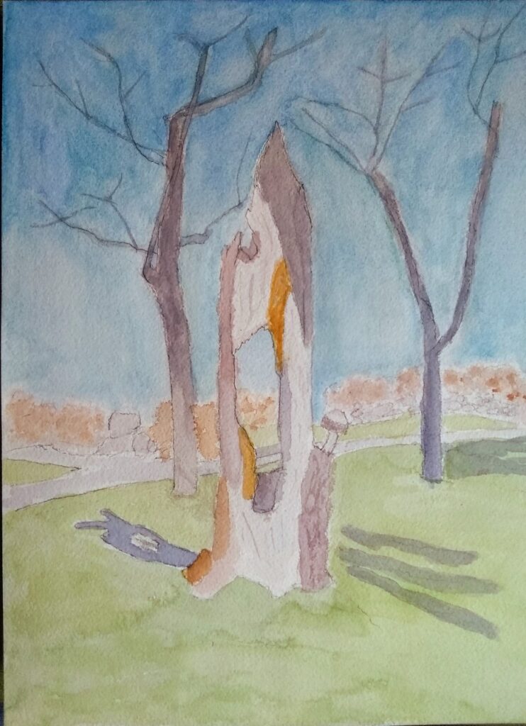 Rotted Tree w/ Carved Mushroom on Blackstone Blvd (watercolor and gouache, 9x12) - NFS